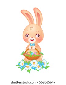 Cute little easter bunny with bow tie and basket full of eggs sits on grass with flowers. Vector illustration for decoration, print and cards isolated on white background.