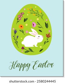Cute little Easter bunny. Easter card. Colorful egg with spring flowers and sitting bunny. Vector illustration