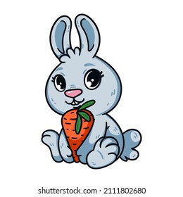 Kleines Osterhase mit Karotten. Kaninchen das Symbol des chinesischen Neujahrs 2023. Hase mit großen Augen und Gemüse. Landwirtschaftliche Vektorgrafik einzeln auf weißem Hintergrund. Haustierteppichkunst.