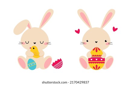 Pequeño conejito de Pascua con huevos decorados. Dibujo del vector de la caricatura del concepto de pascua feliz