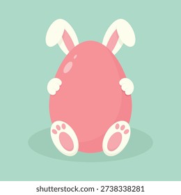 A cute little Easter bunny hiding behind a big Easter egg. Easter holiday element. Happy Easter vector illustration.