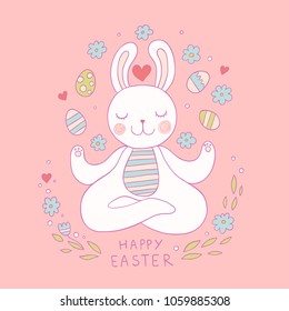 Cute little easter bunny meditate colored vector illustration.