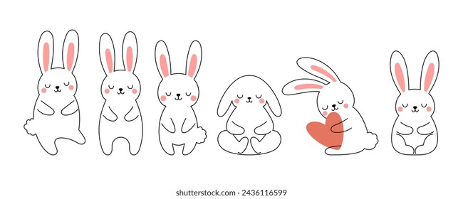 Cute little Easter bunny outline sketch collection in different poses. Cartoon rabbit character for kids cards, baby shower, invitation, poster. Vector stock illustration