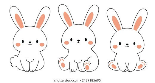 Lindo pequeño conejito de Pascua colección de bocetos en diferentes poses. Personaje de conejo de dibujos animados para tarjetas de niños, baby shower, invitación, póster. Ilustración vectorial de stock