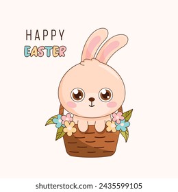 Cute little easter bunny sitting in a basket. Happy Easter greeting card