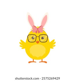 Cute little Easter chick with bunny ears. Vector illustration.