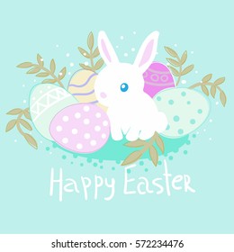 Cute little easter rabbit with coloful eggs on the green background.