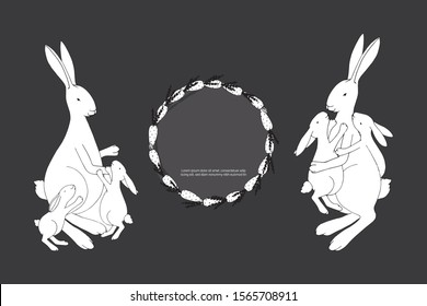 Cute little easter rabbits family sketch. Clip art set, individual elements kit