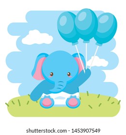 cute little elephant baby with balloons helium vector illustration design