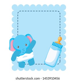 cute little elephant baby card with milk bottle vector illustration design