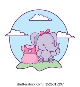 cute little elephant baby with dress girl in landscape vector illustration design