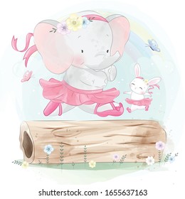 Cute little elephant ballet dancing with bunny