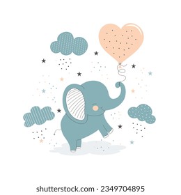 Pequeño elefante lindo con globo, ilustración vectorial dibujada a mano aislada en fondo blanco. Tema infantil. Para impresiones de diseño, afiches, postales, ropa infantil, tarjeta de invitación a la ducha de bebé.