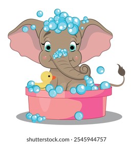 cute little elephant bathing in a basin or bathtub full of foam and soap bubbles. vector illustration.