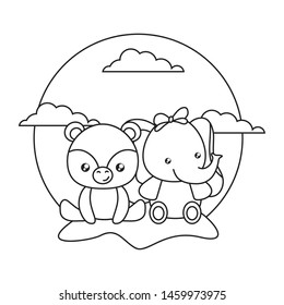 cute little elephant with bear baby in landscape
