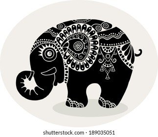 Cute little elephant, black and white, totem tribal tattoo style, hand drawn graphic artwork