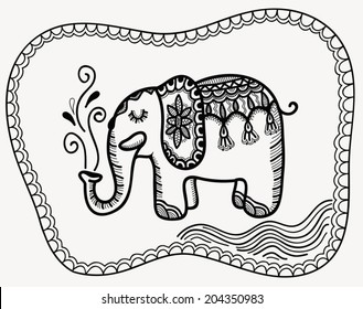 Cute little elephant, black and white, totem tribal tattoo style, hand drawn graphic artwork