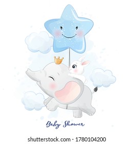 Cute little elephant and bunny flying in the sky illustration