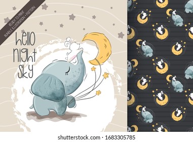 Cute little elephant and bunny with seamless pattern