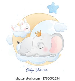 Cute little elephant and bunny sleeping in the cloud illustration