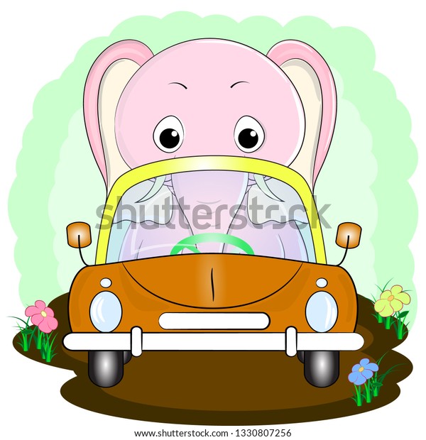 cute little elephant in the car cartoon vector\
illustrator 