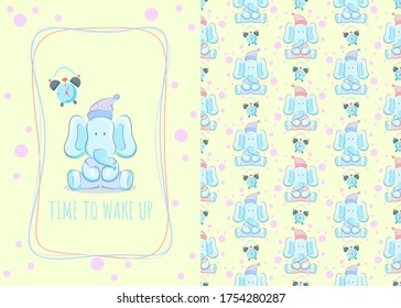 Cute little elephant card and seamless pattern for kids