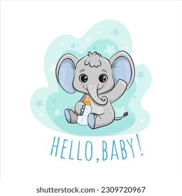 Cute little elephant, cartoon animal character. Poster for baby room, baby shower, greeting card, kids and baby t-shirts and wear. Nursery illustration. Vector 