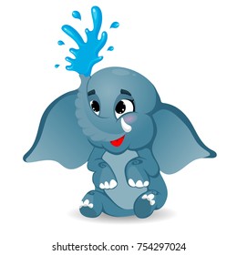 Cute Little Elephant Character Enjoy Splash Water on white Background, Cartoon Hand Drawn Vector Illustration EPS 10