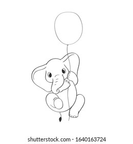 Cute little elephant character flying on balloon hand drawn vector illustration. Can be used for t-shirt print, kids wear, fashion design, baby shower invitation card, poster, birthday, nursery