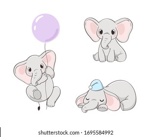 Cute little elephant characters hand drawn vector illustration set: sit, sleep, with balloon. Can be used for print, kids wear, fashion design, baby shower invitation card, poster, birthday, nursery