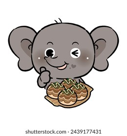 Cute Little Elephant Eating Takoyaki. Flat Design. Kawaii Cartoon Style