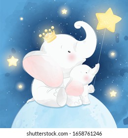 Cute little elephant father and son sitting in the moon