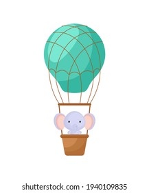 Cute little elephant fly on green hot air balloon. Cartoon character for childrens book, album, baby shower, greeting card, party invitation, house interior. Vector stock illustration.