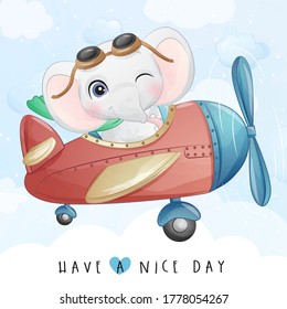 Cute little elephant flying with airplane illustration