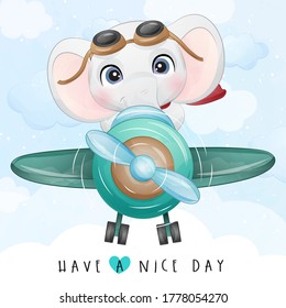 Cute little elephant flying with airplane illustration