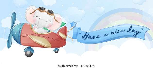 Pequeño elefante lindo volando con ilustración de avión