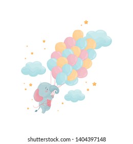 Cute little elephant is flying over a large bunch of balloons. Vector illustration on white background. svg