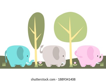 Cute little elephant in the garden  on White background vector illustration