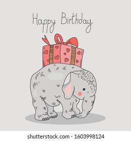 Cute little elephant with a gift. Hand drawing vector illustration. Can be used to print a t-shirt, children wear fashion design, greeting card.