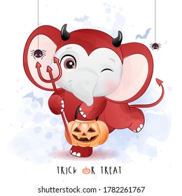 Cute little elephant for halloween day and watercolor illustration