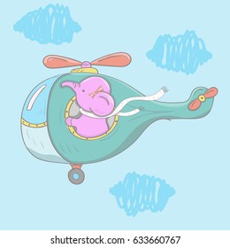 Cute little elephant helicopter cartoon hand drawn vector illustration. Can be used for t-shirts print, fashion print design, children's clothing, baby shower, holiday greeting and invites.