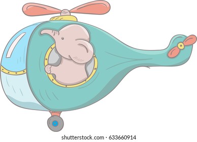 Cute little elephant helicopter cartoon hand drawn vector illustration. Can be used for t-shirts print, fashion print design, children's clothing, baby shower, holiday greeting and invites.