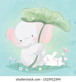 Cute little elephant is helping the bunny to cover the rain