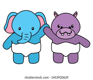 cute little elephant and hippo babies characters vector illustration design