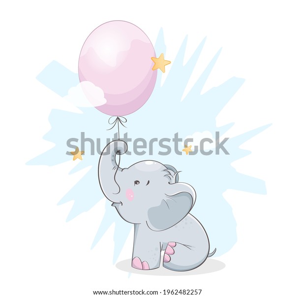 Cute Little Elephant Holding Balloon Funny Stock Vector (Royalty Free ...