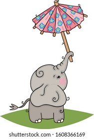Cute little elephant holding a small umbrella
