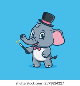 Cute little elephant magician magic wand vector children's illustration Q edition vector cartoon illustration