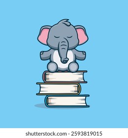 Cute little elephant meditation book Vector children's illustration Q edition vector cartoon illustration