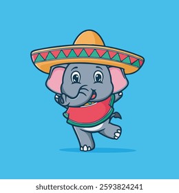 Cute little elephant Mexican hat dance vector children's illustration Q version vector cartoon illustration