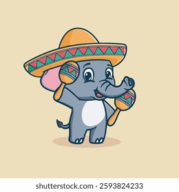 Cute little elephant Mexican Rumba sand hammer children's illustration Q version vector cartoon illustration